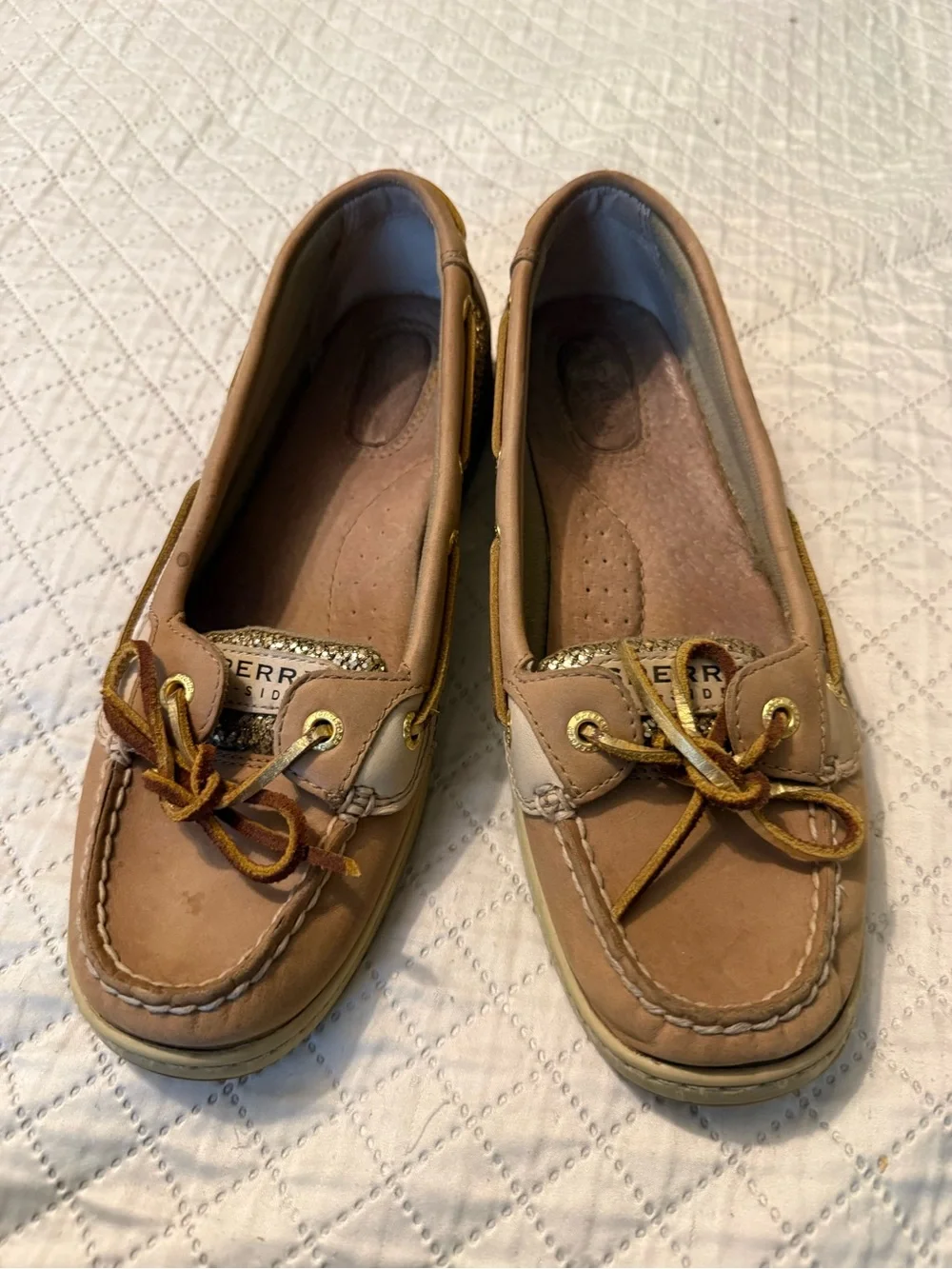 Sperry Tan Leather Moccasin Boat Shoes with Gold Glitter Panels - Women's